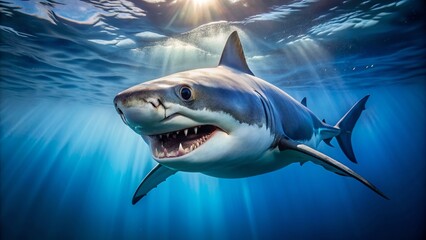 Fototapeta premium A powerful great white shark swims vertically through a blue ocean, its sharp teeth and piercing gaze visible in the clear blue water.