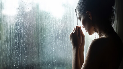 A woman, with wet hair, stands by a rain-streaked window, appearing deep in thought or contemplation as she gazes outside.