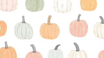 Pumpkins and gourds in various shapes, sizes, and colors on a white background. Vector illustration