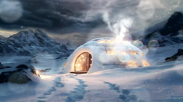 Cozy igloo with glowing lights in snowy mountains. Seamless looping 4k time-lapse animation video background.