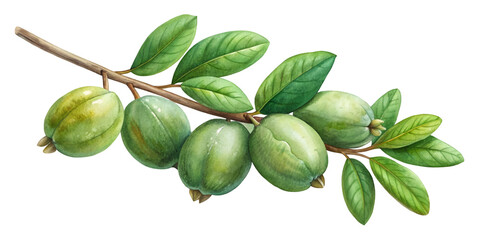 Branch with Feijoas Isolated on Transparent Background, Perfect for Botanical Illustrations and Culinary Design Projects