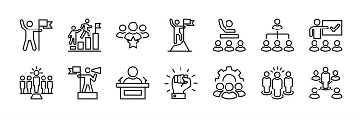 Leadership thin line icon set. Containing business teamwork, organization management, manager, strong man, training, partnership, campaign, adviser, achievement, hierarchy, success vector illustration