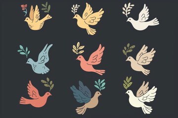 Peace dove icon, pigeons, dove twigs doodle sketched collection. Flying birds silhouettes on white