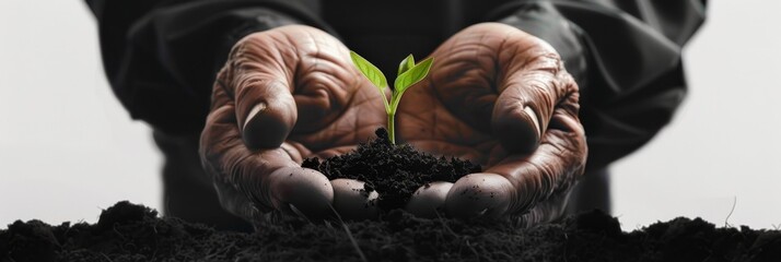 Plant in hands, young sprout, new plant growing in soil, organic farming, environment care, earth day