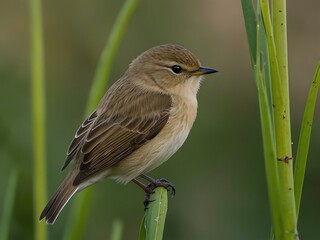 Common Chiffchaff perched on green reed at Buri.