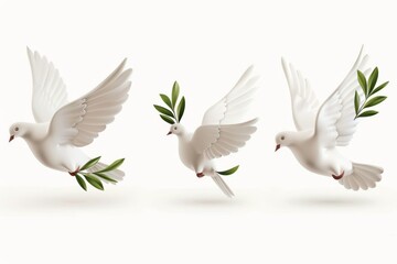 Peace dove icon, pigeons, twigs 3d realistic collection. Flying birds silhouettes on white