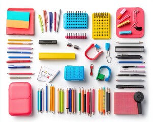 Obraz premium Colorful Stationery and School Supplies on White Background.