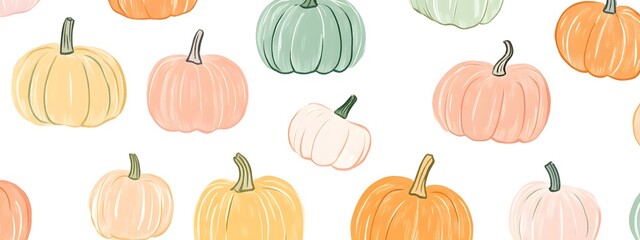 Pumpkins and gourds in various shapes, sizes, and colors on a white background. Vector illustration