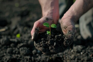Plant in hands, young sprout, new plant growing in soil, organic farming, environment care, earth day