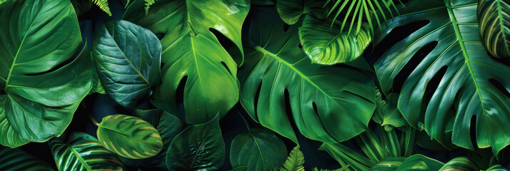 Lush green leaves create vibrant and tropical atmosphere, showcasing various textures and shades of green. This image evokes sense of tranquility and connection to nature