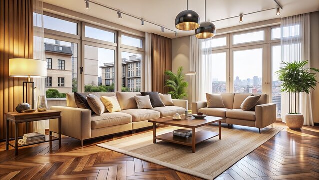 Modern cozy apartment interior with cream-colored walls, large windows, and sleek hardwood floors, featuring a comfortable living room with stylish furniture.