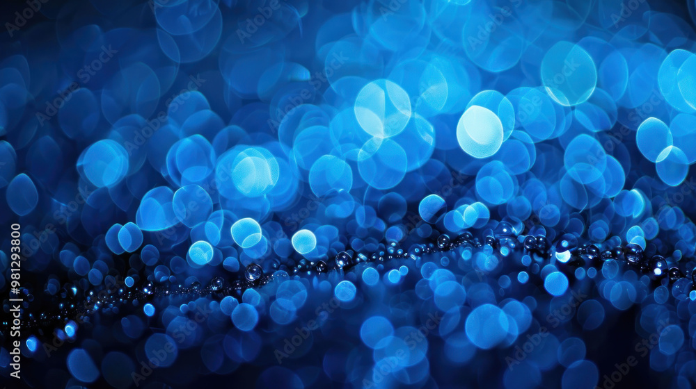 Poster A mesmerizing blue bokeh background with shimmering droplets creates tranquil and refreshing atmosphere, perfect for various design projects