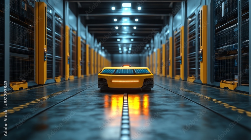 Poster robotic systems operating in a high-tech warehouse during the evening hours