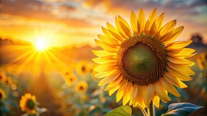 Obraz premium Closeup of a sunflower glistening in the golden light of sunset, sunflower, sunset, closeup, sun, flower, nature, beauty, plant