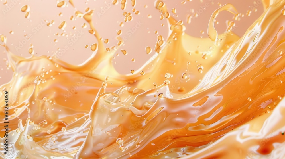 Poster generative ai, flowing liquid with splashes in apricot color glossy cream caramel fluid banner, 3d e
