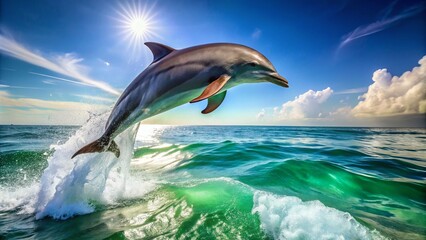 A sleek dolphin leaps out of the turquoise ocean, its shimmeringgray body arched in a playful pose, with sunlight dancing across the surrounding waves.