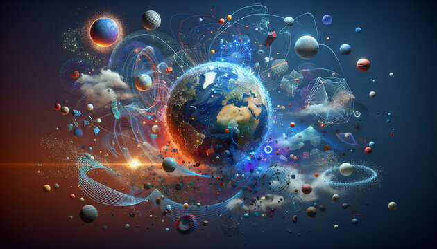Ilustra&ccedil;&atilde;o c&oacute;smica do planeta Terra. variedade de elementos espaciais. Planetas, estrelas e formas geom&eacute;tricas flutuam ao redor, criando uma sensa&ccedil;&atilde;o de movimento e complexidade.