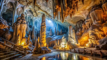 Majestic limestone cave interior with towering stalactites and stalagmites illuminated by soft natural light filtering through the cavernous ancient rock formations.