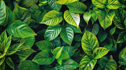 Lush green leaves create vibrant and refreshing backdrop, showcasing various shapes and textures that evoke sense of tranquility and natures beauty