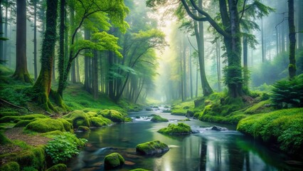 Obraz premium Serene misty forest landscape with towering trees, vibrant green foliage, and a meandering stream leading into the distance, evoking a sense of tranquility.
