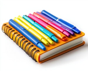 Fototapeta premium Colorful Pens and Notebook on White Background.