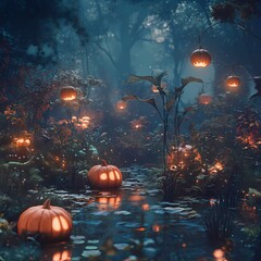 Naklejka premium Enchanted Night Garden with Glowing Pumpkins - Perfect for Fantasy Bloggers