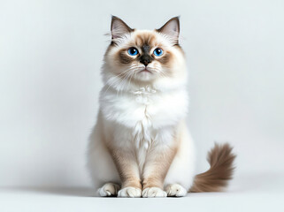 A beautiful cat with striking blue eyes and fluffy fur, sitting calmly against a light background, showcasing its elegance.