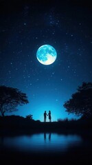 Naklejka premium A couple holding hands under a tranquil moonlit sky, love and serenity reflected in their eyes, [Lovers, Marriage, Stillness]