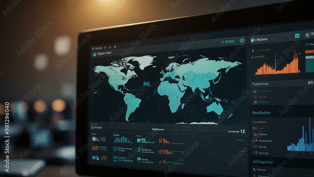 Poster Computer screen showing network security dashboard with alerts and analytics.
