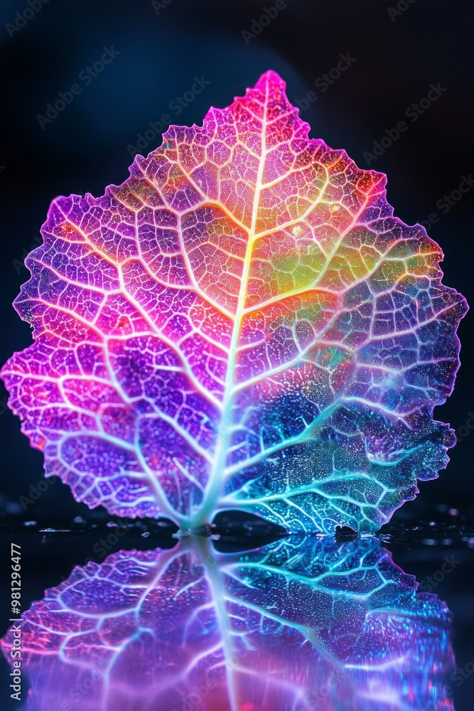 Canvas Prints A single leaf with vibrant colors, reflecting in a dark background.