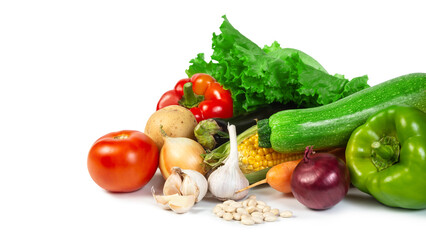 A vibrant assortment of fresh organic vegetables, including lettuce, tomato, pepper, garlic, and zucchini, displayed on a white background, symbolizing healthy eating and natural produce.