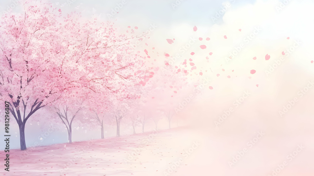 Wall mural Cherry Blossoms Falling in the Wind, Soft Pastel Dreams