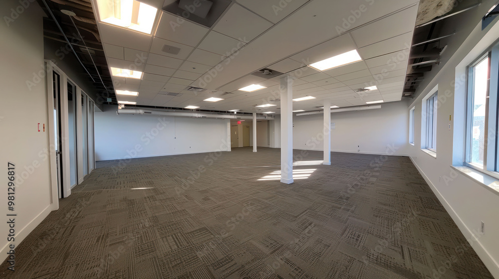 Poster spacious empty office interior with modern design, featuring large windows and neutral colors, ideal