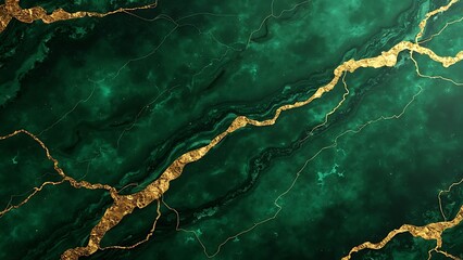 A luxurious green marble background with intricate golden veins, offering an opulent and sophisticated texture. The striking contrast between the deep green and golden accents creates a rich.