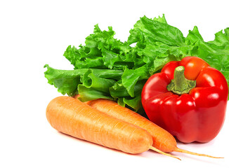 A vibrant assortment of fresh organic vegetables, including lettuce, pepper, carrot, displayed on a white background, symbolizing healthy eating and natural produce.