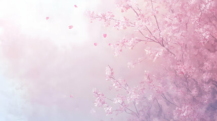 Pink Cherry Blossom Tree with Falling Petals in a Soft, Dreamy Sky