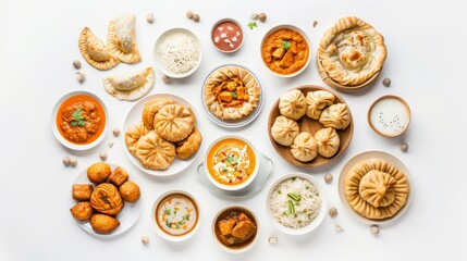 Top view of a set of Asian cuisine collection. A variety of Indian and Pakistani dishes.