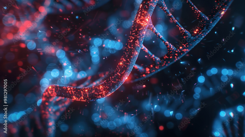 Poster image showcases vibrant representation of DNA strands, illuminated with red and blue particles, creating dynamic and captivating visual effect