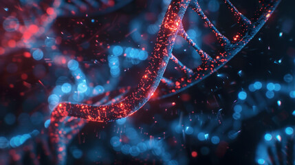 image showcases vibrant representation of DNA strands, illuminated with red and blue particles, creating dynamic and captivating visual effect