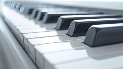 image features close up view of piano keys, showcasing elegant contrast between black and white...