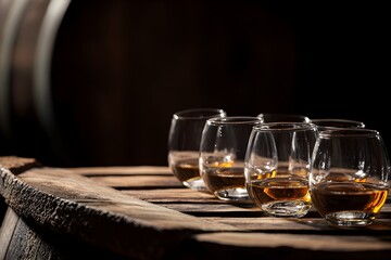 whiskey tasting cups on a wooden serving, with a whisky barrel in the dark background