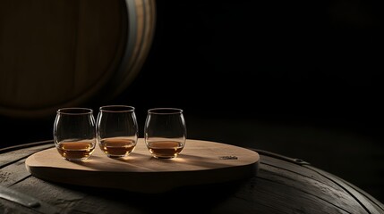 Obraz premium whiskey tasting cups on a wooden serving, with a whisky barrel in the dark background