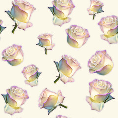 Elegant seamless pattern of pink and white roses on pale background