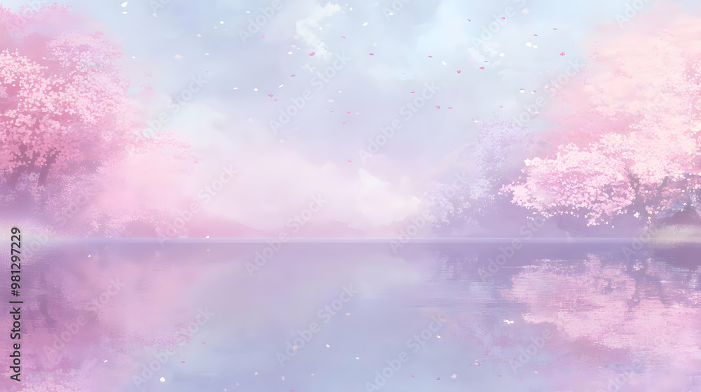 Poster Pink Sakura Blossoms Reflecting on a Serene Lake