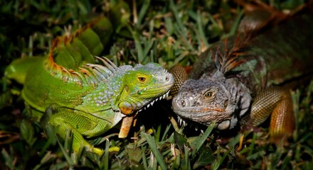 Fototapeta premium Two iguanas resting on grass, showcasing their vibrant colors and textures.