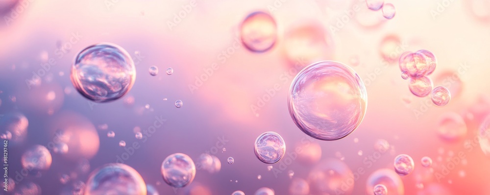 Poster soap bubbles floating in soft pink and