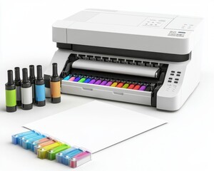 Color Inkjet Printer with Cartridges and Paper.