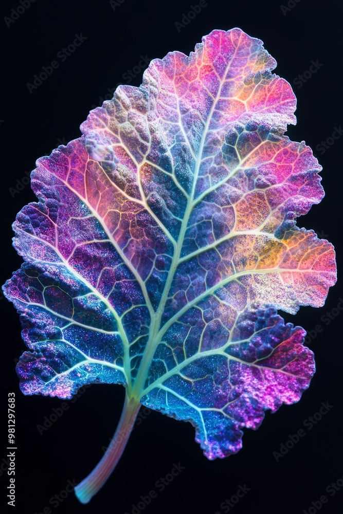 Canvas Prints A single vibrant leaf with a complex network of veins, illuminated with neon colors against a black background.