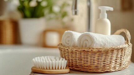 Wicker Basket with Cleaning Products and Brush on Bathroom Table. AI generated illustration