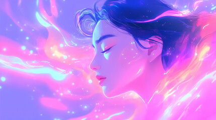 Woman in a Dreamlike World of Colors and Light